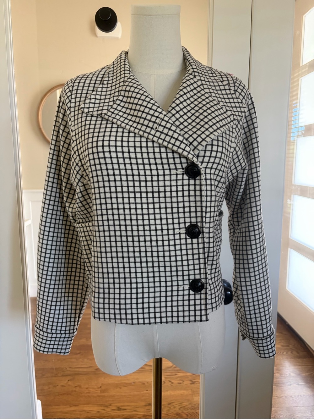 CAbi Black and White Windowpane Cropped Blazer